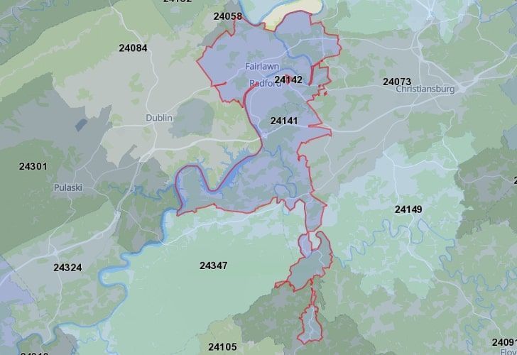 A Map Of Radford In Northern Virginia, Showing The Zip Code 24141.