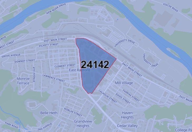 A Map Of Radford In Northern Virginia, Showing The Zip Code 24142.