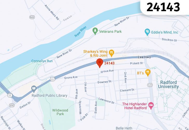 A Map Of Radford In Northern Virginia, Showing The Zip Code 24143.
