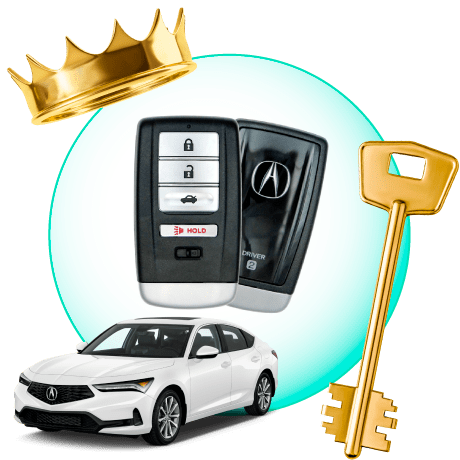 A Circle With Acura Car Keys, Surrounded By An Acura Vehicle, A Gold Crown, And A Master Key.