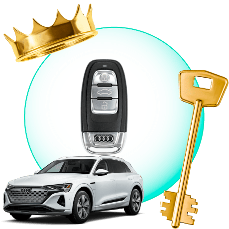 A Circle With Audi Car Keys, Surrounded By An Audi Vehicle, A Gold Crown, And A Master Key.