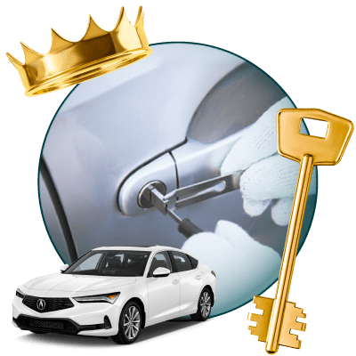 Round Image Of A Locksmith Unlocking A Car, Encircled By An Acura Vehicle, Gold Crown, And Master Key.