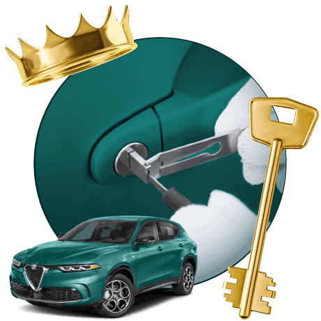 Round Image Of A Locksmith Unlocking A Car, Encircled By An Alfa Romero Vehicle, Gold Crown, And Master Key.