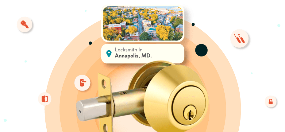 A Framed Picture Of Annapolis City In Anne Arundel County Is Displayed Above A Golden, Double-Cylinder Deadbolt Lock.