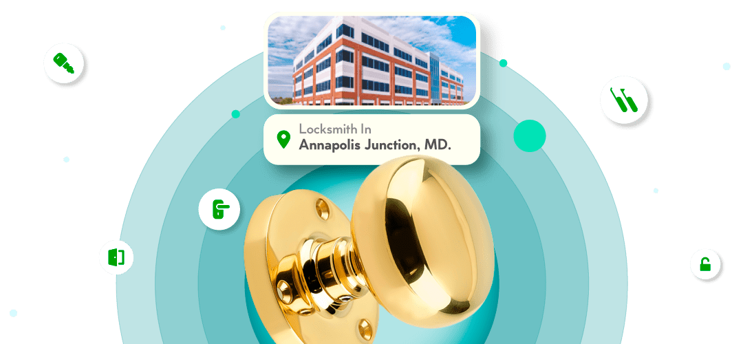 A Framed View Of Annapolis Junction City In Howard County Is Displayed Above A Bright Brass Entry Door Knob.