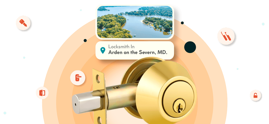 A Framed Picture Of Arden on the Severn City In Anne Arundel County Is Displayed Above A Golden, Double-Cylinder Deadbolt Lock.