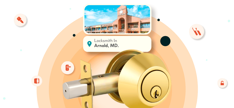 A Framed Picture Of Arnold City In Anne Arundel County Is Displayed Above A Golden, Double-Cylinder Deadbolt Lock.