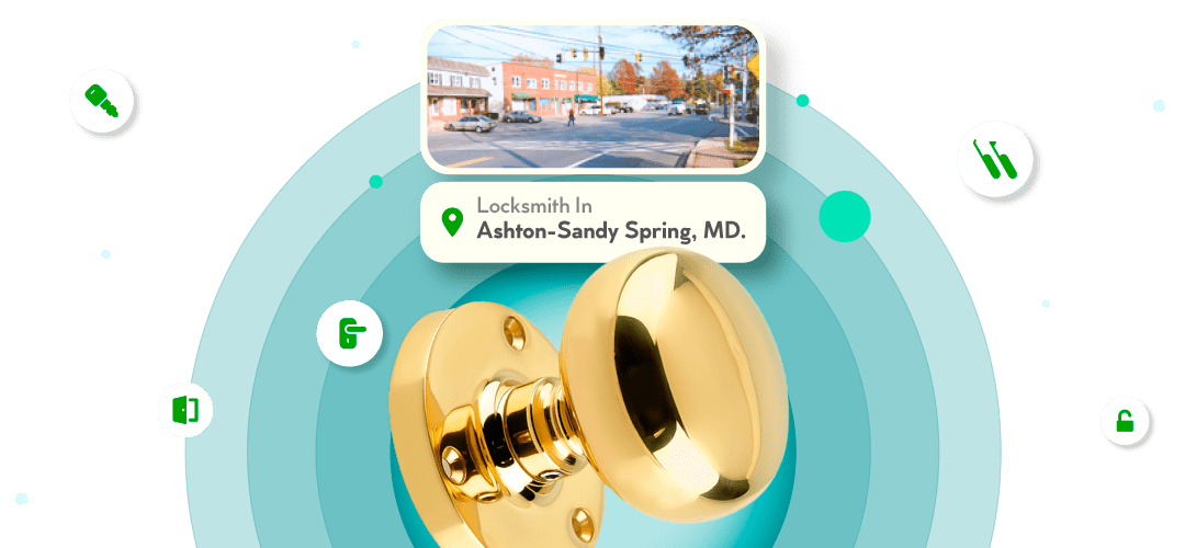 A Framed View Of Ashton-Sandy Spring City In Howard County Is Displayed Above A Bright Brass Entry Door Knob.
