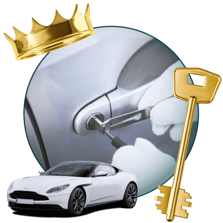 Round Image Of A Locksmith Unlocking A Car, Encircled By An Aston Martin Vehicle, Gold Crown, And Master Key.