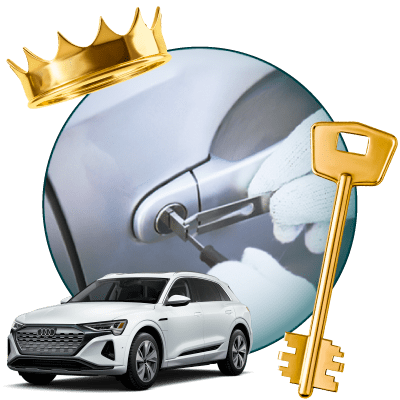 Round Image Of A Locksmith Unlocking A Car, Encircled By An Audi Vehicle, Gold Crown, And Master Key.
