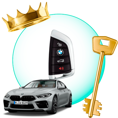 A Circle With BMW Car Keys, Surrounded By A BMW Vehicle, A Gold Crown, And A Master Key.