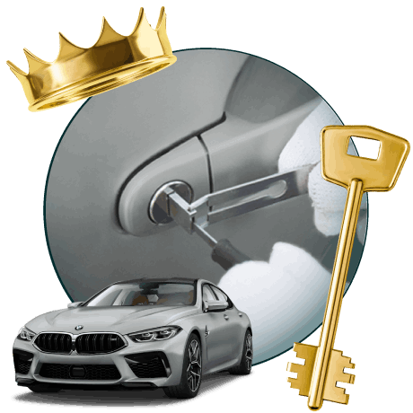 Round Image Of A Locksmith Unlocking A Car, Encircled By A BMW Vehicle, Gold Crown, And Master Key.