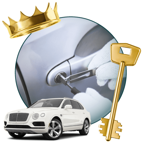 Round Image Of A Locksmith Unlocking A Car, Encircled By A Bentley Vehicle, Gold Crown, And Master Key.
