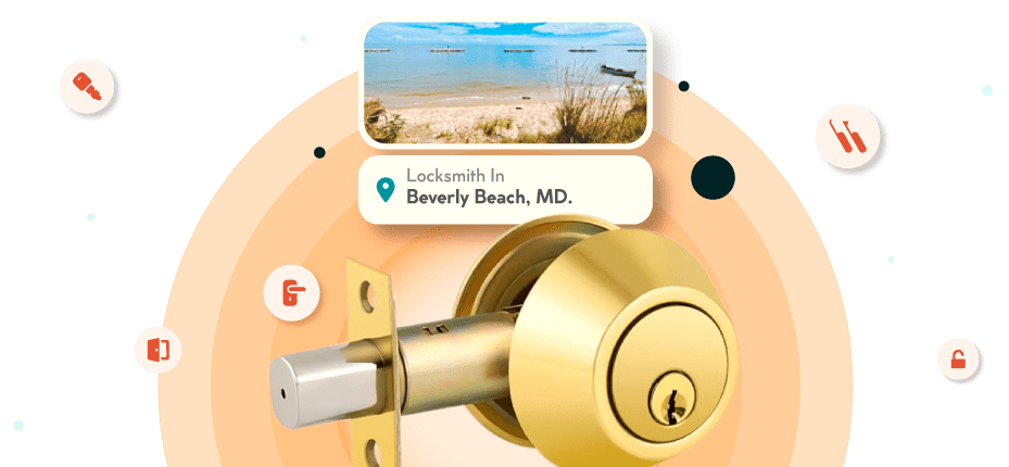 A Framed Picture Of Beverly Beach City In Anne Arundel County Is Displayed Above A Golden, Double-Cylinder Deadbolt Lock.