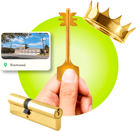 A Locksmith's Hand Holding A Gold Master Key Near A Gold Crown, A Golden Cylinder Lock, And An Image Of Brentwood In Prince George's County.