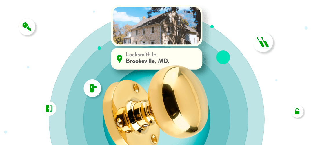 A Framed View Of Brookeville City In Howard County Is Displayed Above A Bright Brass Entry Door Knob.