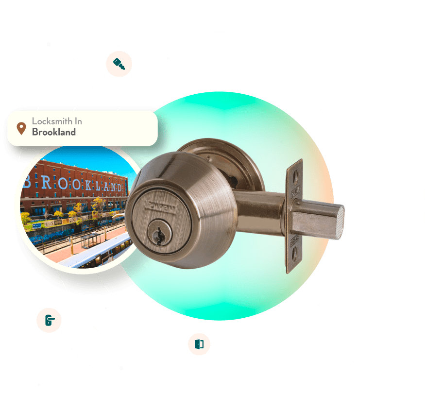 A Chrome Deadbolt With A Picture Of The Brookland Neighborhood In Washington, DC, In The Background.