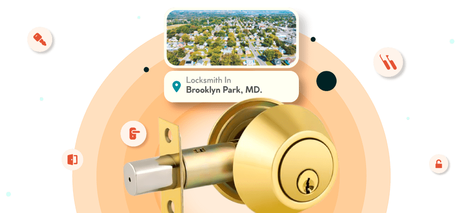 A Framed Picture Of Brooklyn Park City In Anne Arundel County Is Displayed Above A Golden, Double-Cylinder Deadbolt Lock.