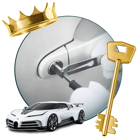Round Image Of A Locksmith Unlocking A Car, Encircled By A Bugatti Vehicle, Gold Crown, And Master Key.