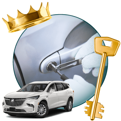 Round Image Of A Locksmith Unlocking A Car, Encircled By A Buick Vehicle, Gold Crown, And Master Key.