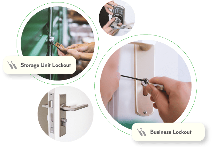 A Collage Of Commercial Locksmith Services Including Smart And Traditional Lock Installation Services, Storage Lockout, And Commercial Lockout.