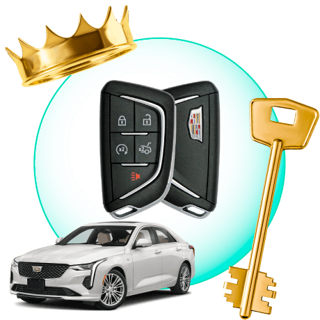 A Circle With Buick Car Keys, Surrounded By A Buick Vehicle, A Gold Crown, And A Master Key.