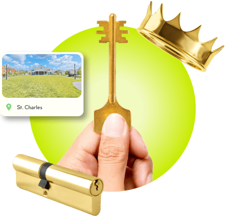 A Locksmith Technician's Hand Holding A Gold Master Key Near A Gold Crown, A Golden Cylinder Lock, And An Image Of St. Charles City In Charles County.