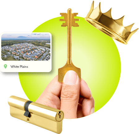 A Locksmith Technician's Hand Holding A Gold Master Key Near A Gold Crown, A Golden Cylinder Lock, And An Image Of White Plains City In Charles County.