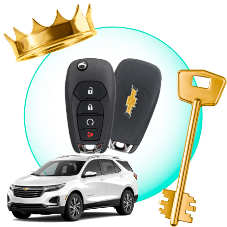 A Circle With Chevrolet Car Keys, Surrounded By A Chevrolet Vehicle, A Gold Crown, And A Master Key.