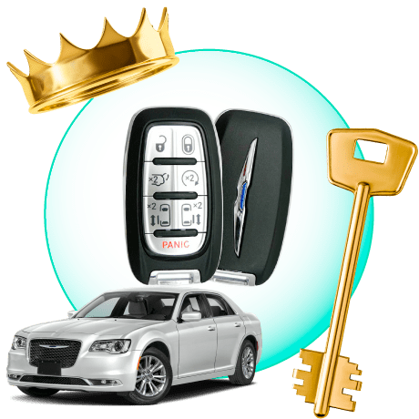A Circle With Chrysler Car Keys, Surrounded By A Chrysler Vehicle, A Gold Crown, And A Master Key.