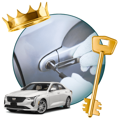 Round Image Of A Locksmith Unlocking A Car, Encircled By A Cadillac Vehicle, Gold Crown, And Master Key.