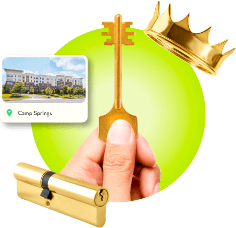 A Locksmith's Hand Holding A Gold Master Key Near A Gold Crown, A Golden Cylinder Lock, And An Image Of Camp Springs In Prince George's County.