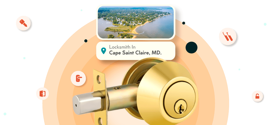 A Framed Picture Of Cape Saint Claire City In Anne Arundel County Is Displayed Above A Golden, Double-Cylinder Deadbolt Lock.