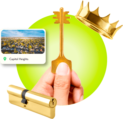 A Locksmith's Hand Holding A Gold Master Key Near A Gold Crown, A Golden Cylinder Lock, And An Image Of Capitol Heights In Prince George's County.