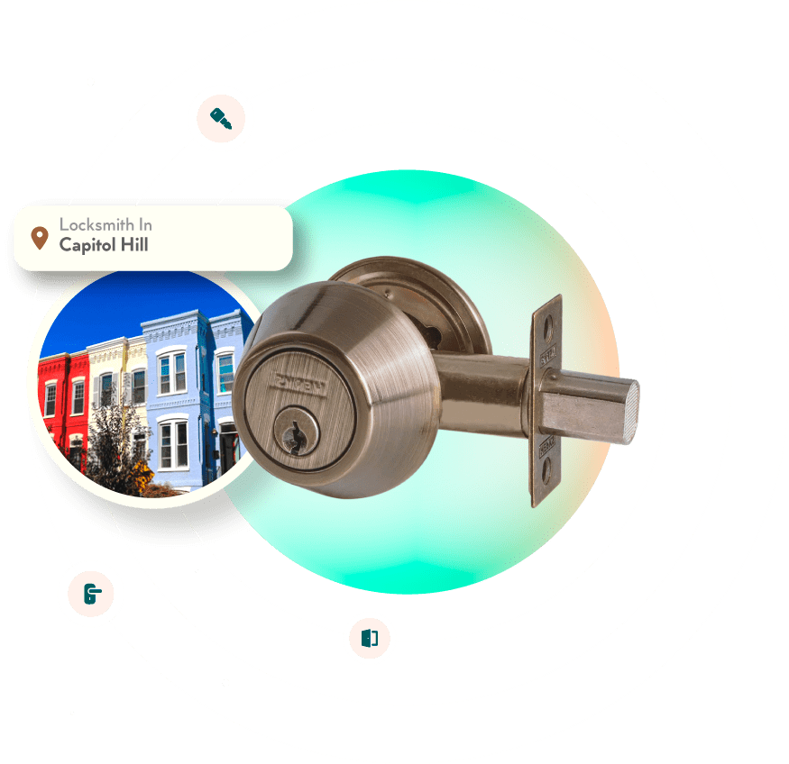 A Chrome Deadbolt With A Picture Of The Capitol Hill Neighborhood In Washington, DC, In The Background.