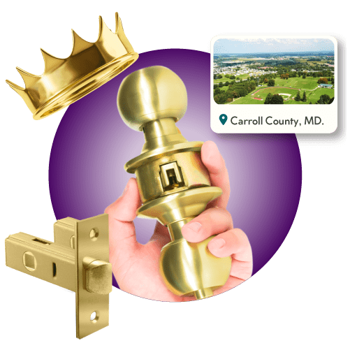 Locksmith Hand With Brass Door Knob Lock, Beside Gold Tubular Mortise Latch, Crown, And Framed Carroll County Cityscape.