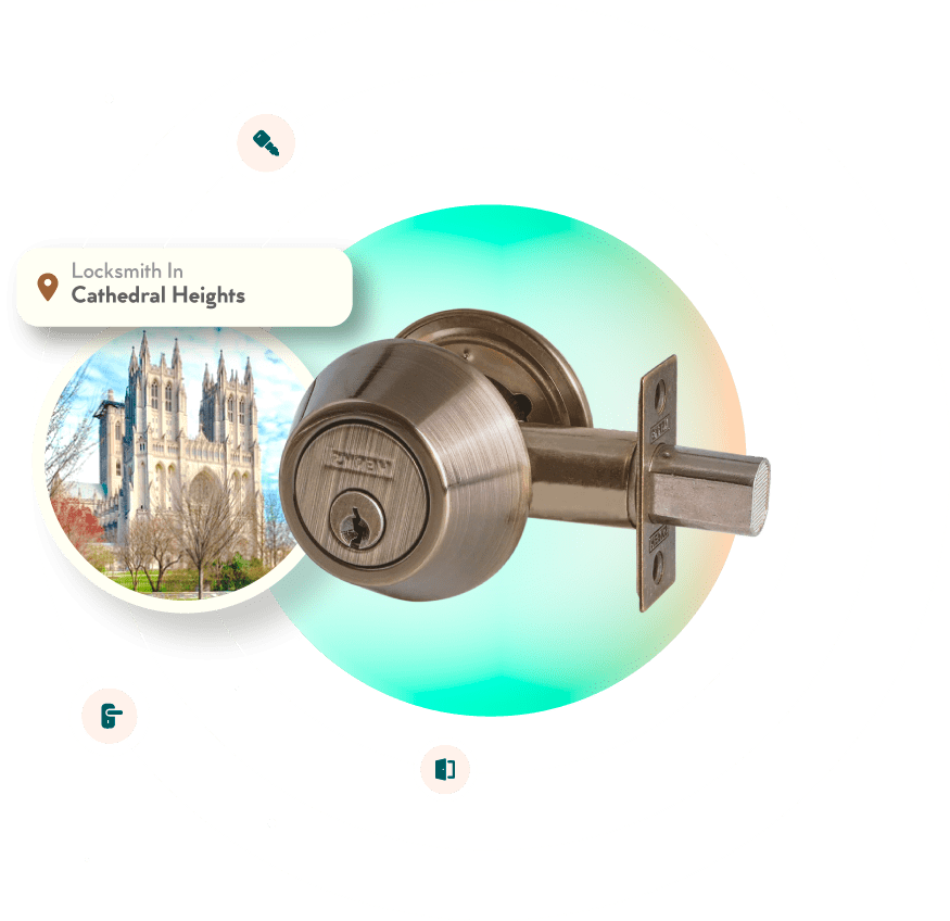 A Chrome Deadbolt With A Picture Of The Cathedral Heights Neighborhood In Washington, DC, In The Background.
