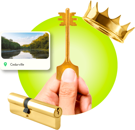 A Locksmith's Hand Holding A Gold Master Key Near A Gold Crown, A Golden Cylinder Lock, And An Image Of Cedarville In Prince George's County.