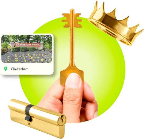 A Locksmith's Hand Holding A Gold Master Key Near A Gold Crown, A Golden Cylinder Lock, And An Image Of Cheltenham In Prince George's County.