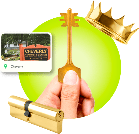 A Locksmith's Hand Holding A Gold Master Key Near A Gold Crown, A Golden Cylinder Lock, And An Image Of Cheverly In Prince George's County.