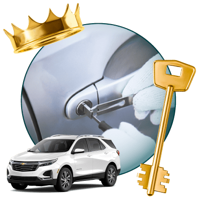 Round Image Of A Locksmith Unlocking A Car, Encircled By A Chevrolet Vehicle, Gold Crown, And Master Key.