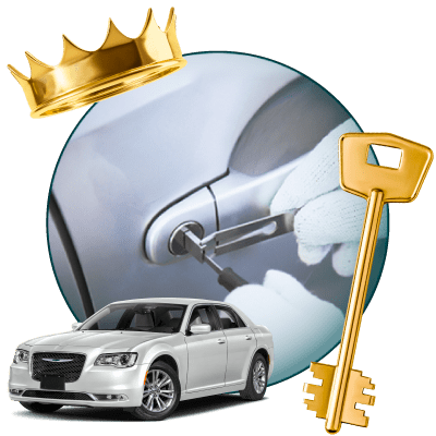 Round Image Of A Locksmith Unlocking A Car, Encircled By A Chrysler Vehicle, Gold Crown, And Master Key.
