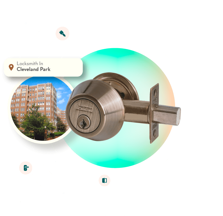A Chrome Deadbolt With A Picture Of The Cleveland Park Neighborhood In Washington, DC, In The Background.