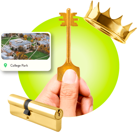 A Locksmith's Hand Holding A Gold Master Key Near A Gold Crown, A Golden Cylinder Lock, And An Image Of College Park In Prince George's County.