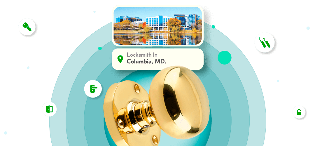 A Framed View Of Columbia City In Howard County Is Displayed Above A Bright Brass Entry Door Knob.