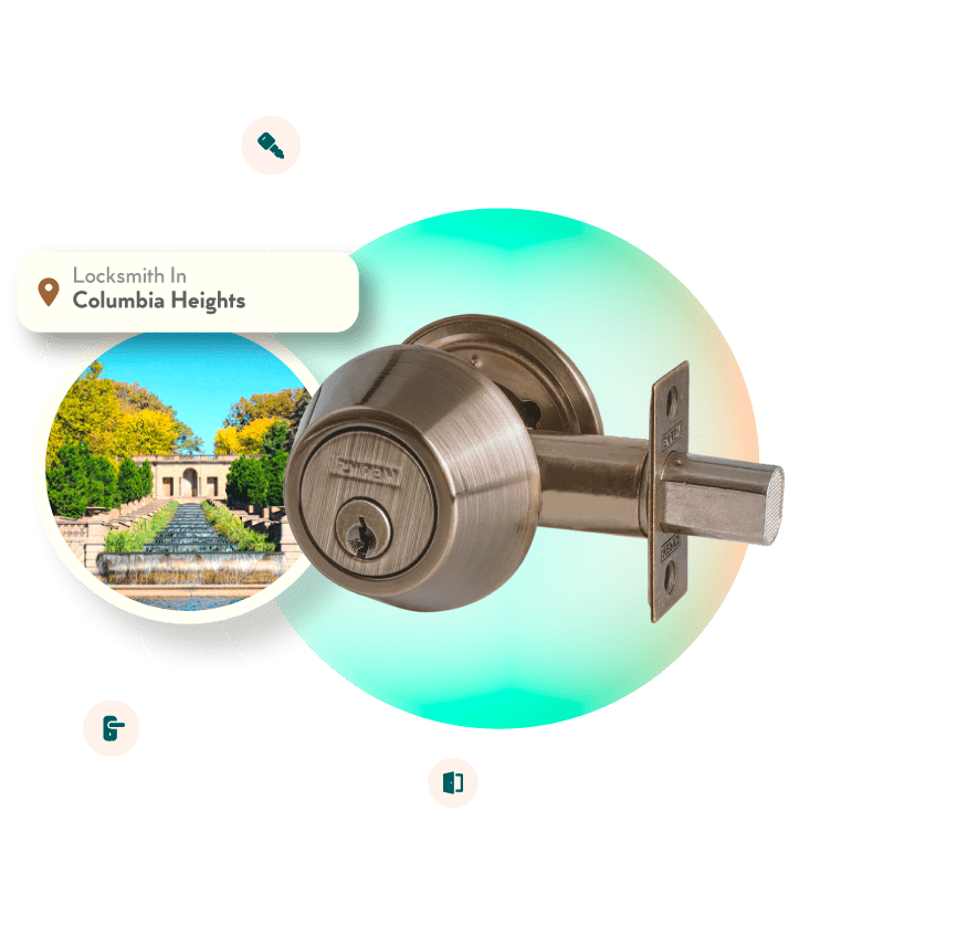 A Chrome Deadbolt With A Picture Of The Columbia Heights Neighborhood In Washington, DC, In The Background.