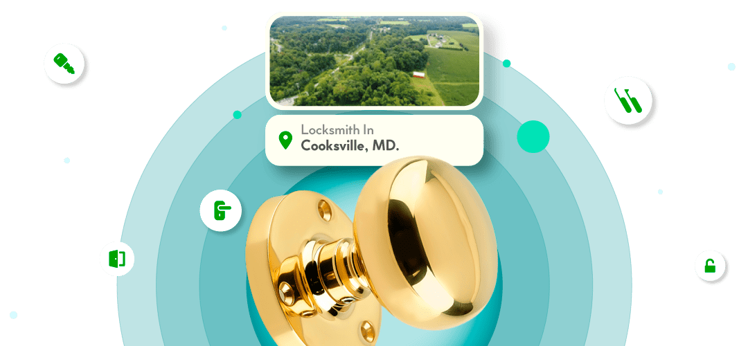 A Framed View Of Cooksville City In Howard County Is Displayed Above A Bright Brass Entry Door Knob.