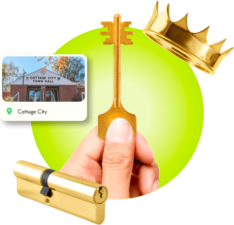 A Locksmith's Hand Holding A Gold Master Key Near A Gold Crown, A Golden Cylinder Lock, And An Image Of Cottage City In Prince George's County.