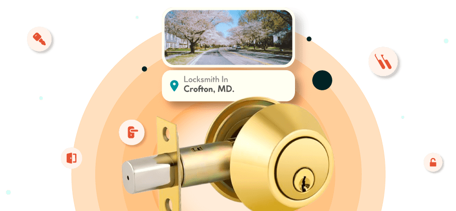 A Framed Picture Of Crofton City In Anne Arundel County Is Displayed Above A Golden, Double-Cylinder Deadbolt Lock.