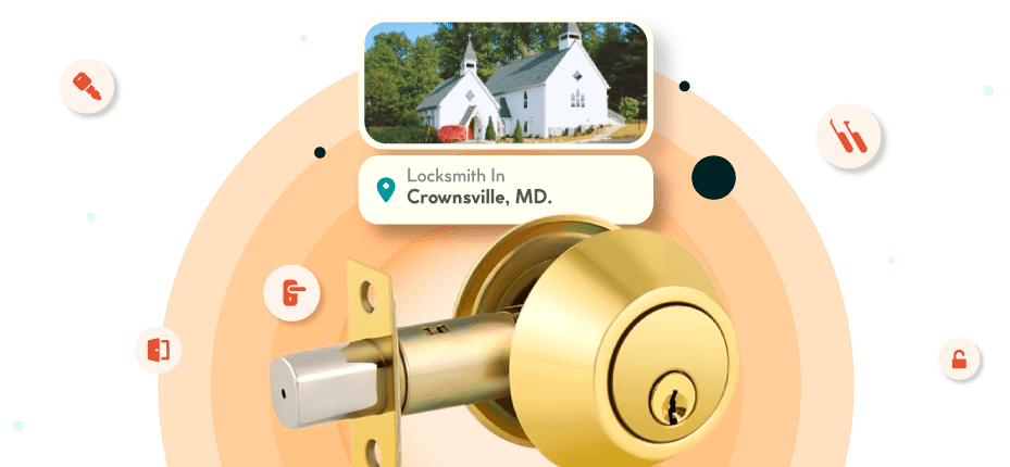 A Framed Picture Of Crownsville City In Anne Arundel County Is Displayed Above A Golden, Double-Cylinder Deadbolt Lock.